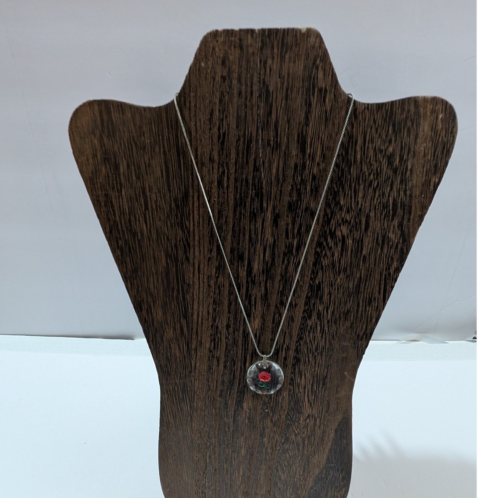 Vintage Silver Tone Red Rose Glass Pendant Necklace 18 Inch Chain Floral Jewelry